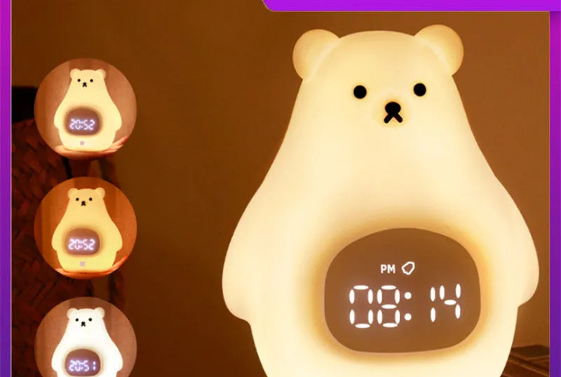 White cartoon bear silicone night light with remote control on table.