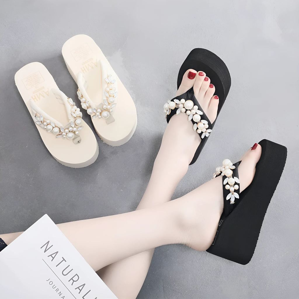 Women's high-heeled flip-flops with cotton cloth upper in beige colour