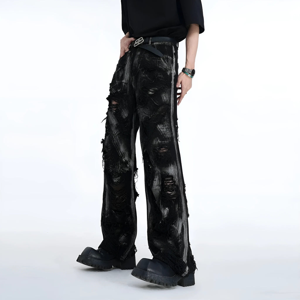 Men's black denim long pants jacket with graffiti details and mid waist design, American high street wasteland style