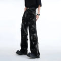 Men's black denim long pants jacket with graffiti details and mid waist design, American high street wasteland style
