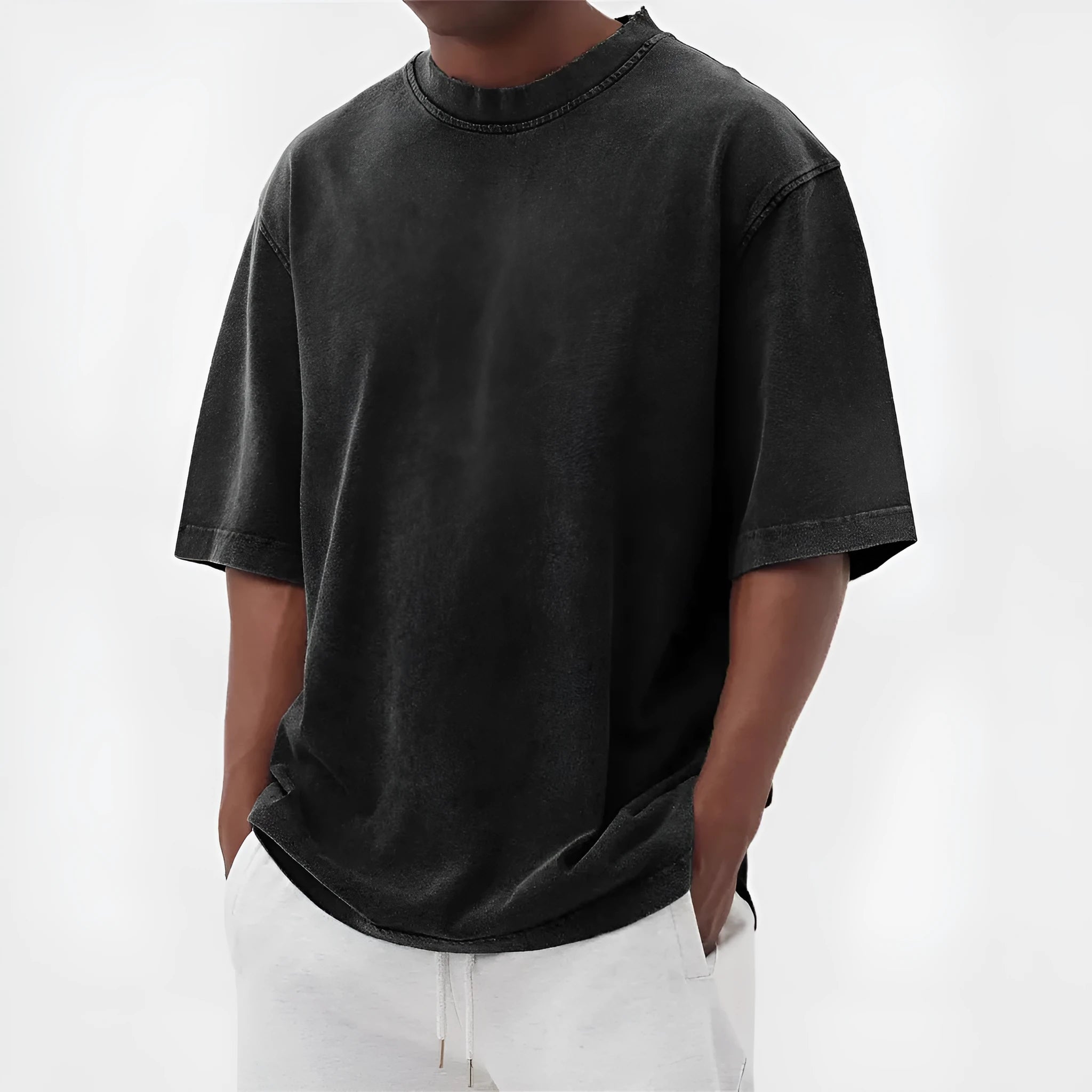 Men's distressed stone wash pullover T-shirt in loose fit with half sleeves available in multiple solid colours