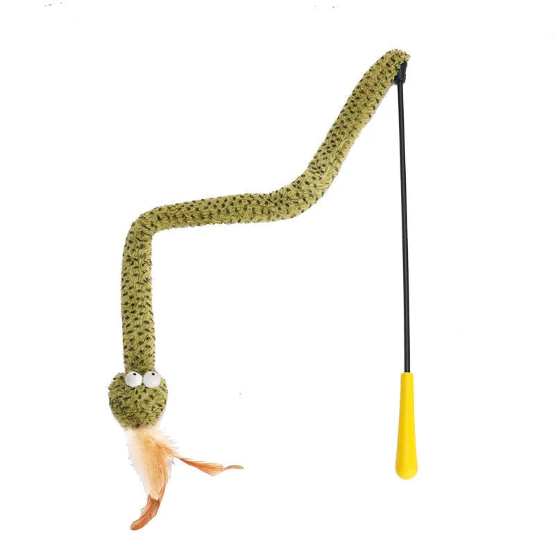 Green cat teasing stick toy with artificial feather on 140cm aluminium pole