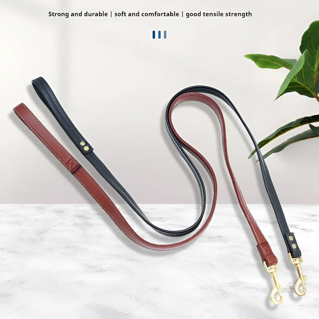 Black Roran PU leather dog lead with metal chain ring attachment