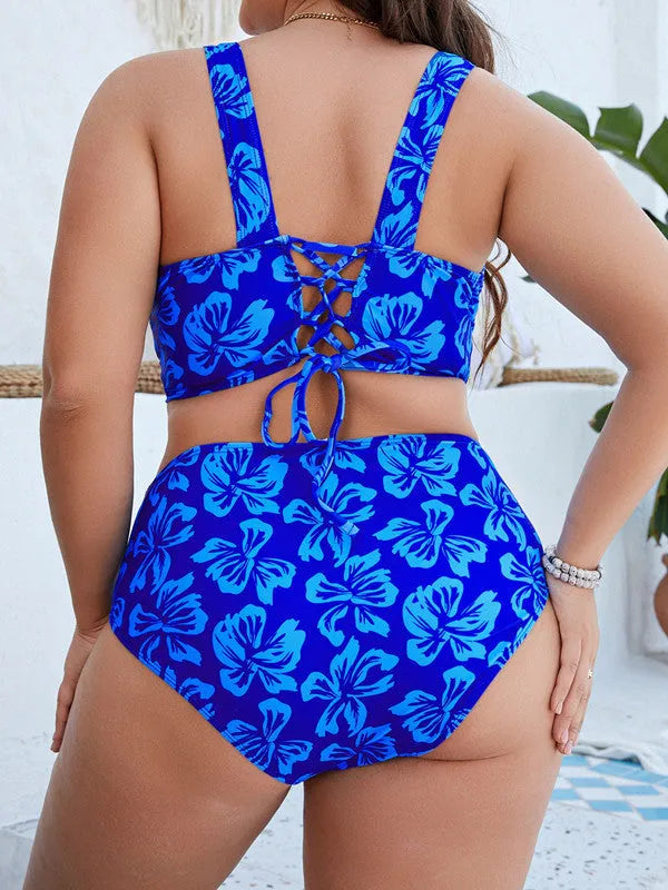 Blue floral print plus size women's split bikini swimsuit in sizes 0XL to 4XL