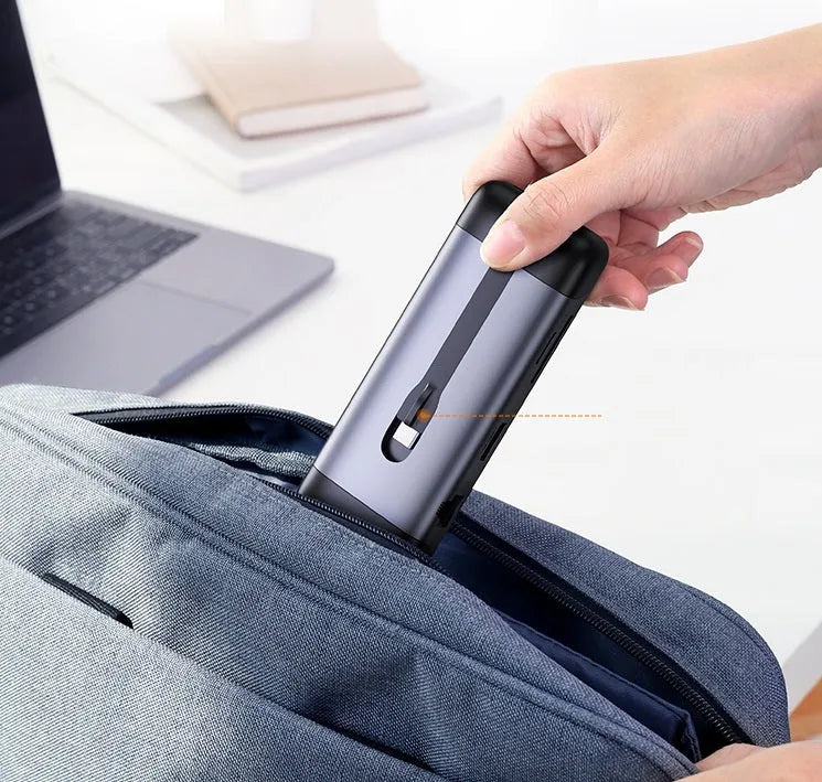 USB-C docking station expansion hub with short cable showing HDMI, USB 3.0, and ethernet ports
