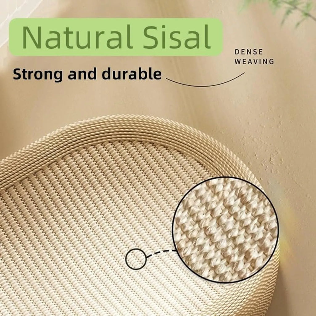 Large natural sisal cat scratching board with a built-in raised lounging bed for cats.