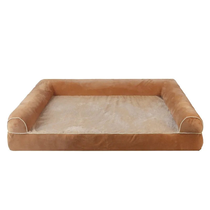 Square blue cloth dog bed with sponge filling for a large dog, showing its dimensions.