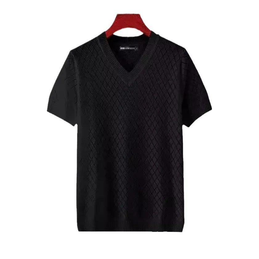 Men's black and white plus size short sleeve T-shirt showing V-neck and round neck styles