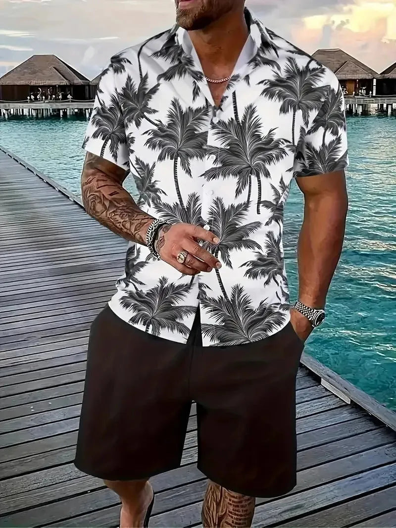 Man wearing a men's Hawaii-themed 3D printed short sleeve suit with matching shorts.