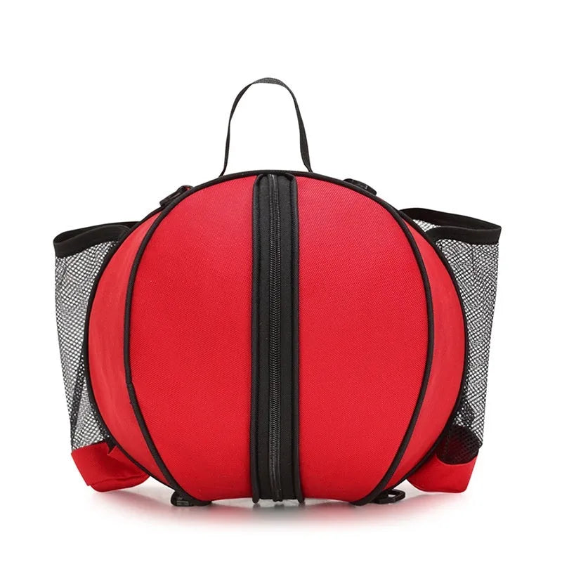 Black Oxford cloth basketball training bag with a single shoulder strap, shown next to a basketball.