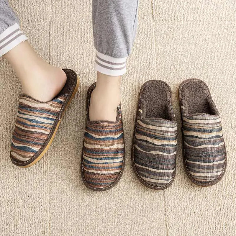 Household cotton slippers with linen surface in floral pattern colours and PVC sole