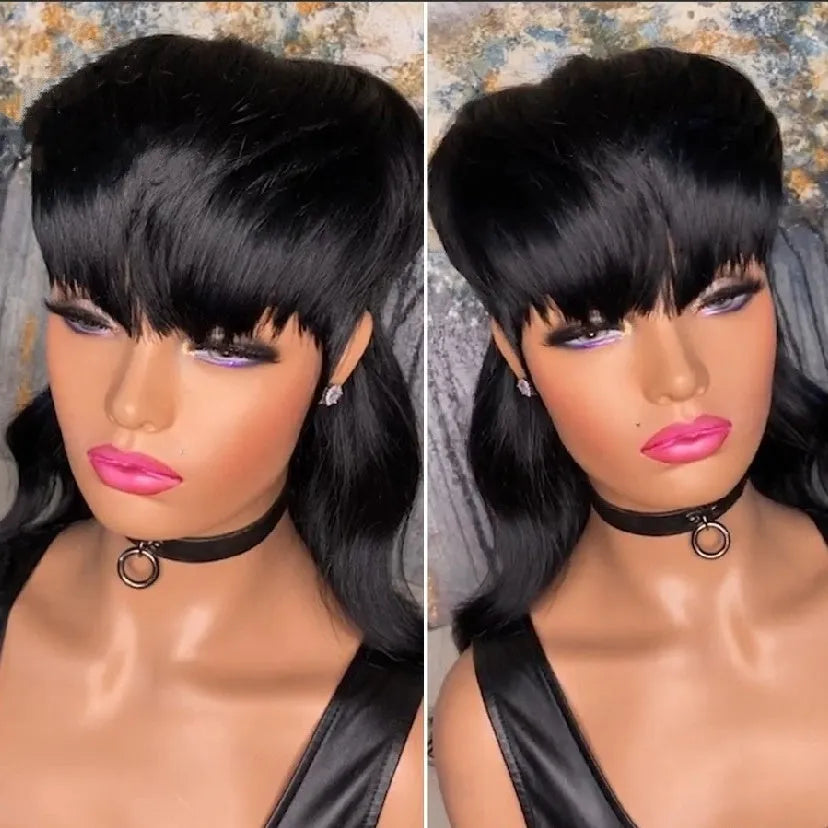 Brazilian wig black colour with bangs and front short back long style