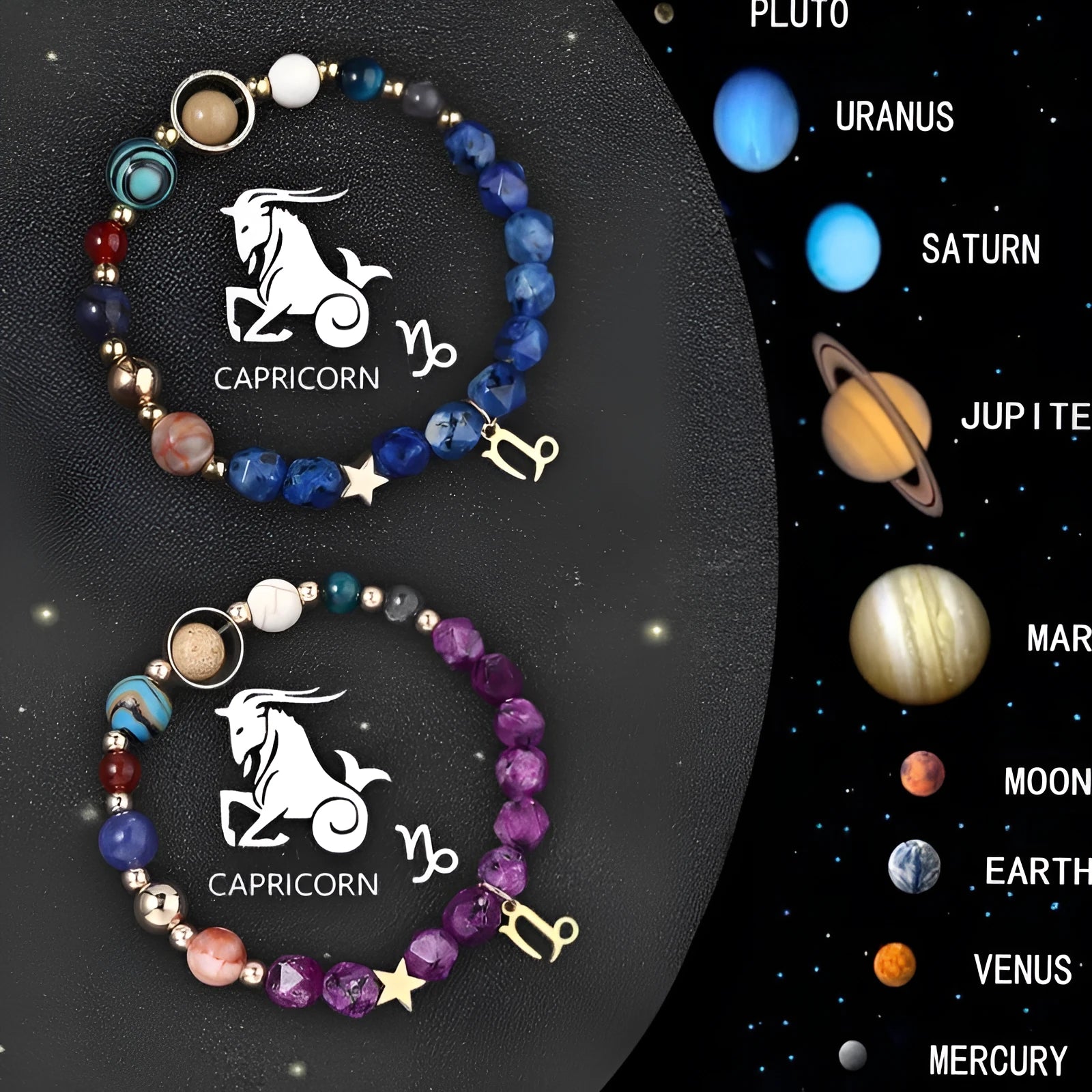 Set of two natural stone beaded bracelets with silver zodiac charms on an adjustable cord.