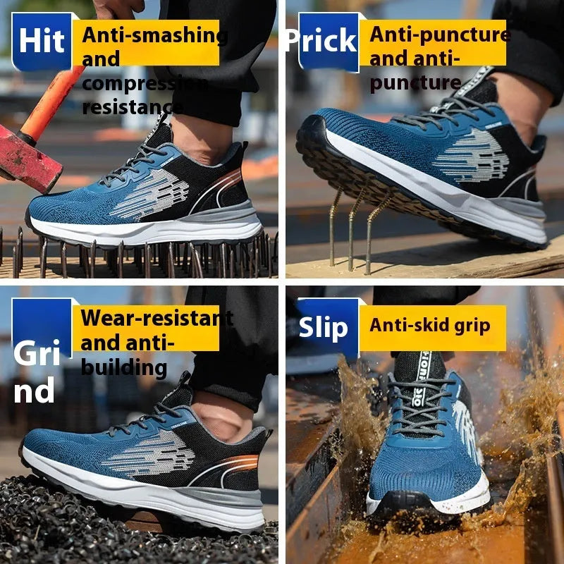 Blue men's safety work shoes with plastic toe cap and mesh upper, showing lace binding and non-slip sole
