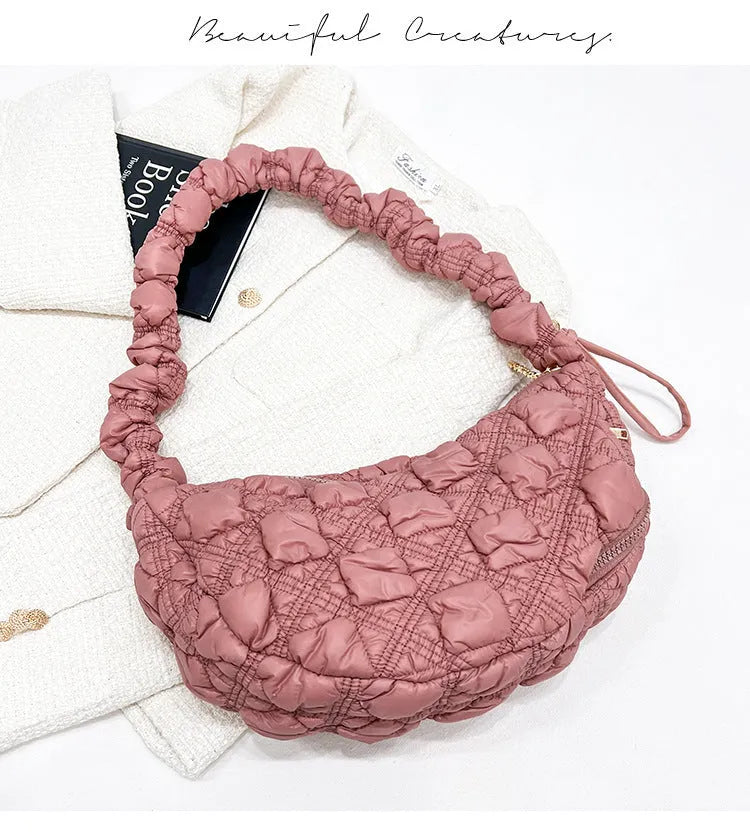 Women's nylon shoulder messenger bag in beige colour showing dimensions and adjustable strap