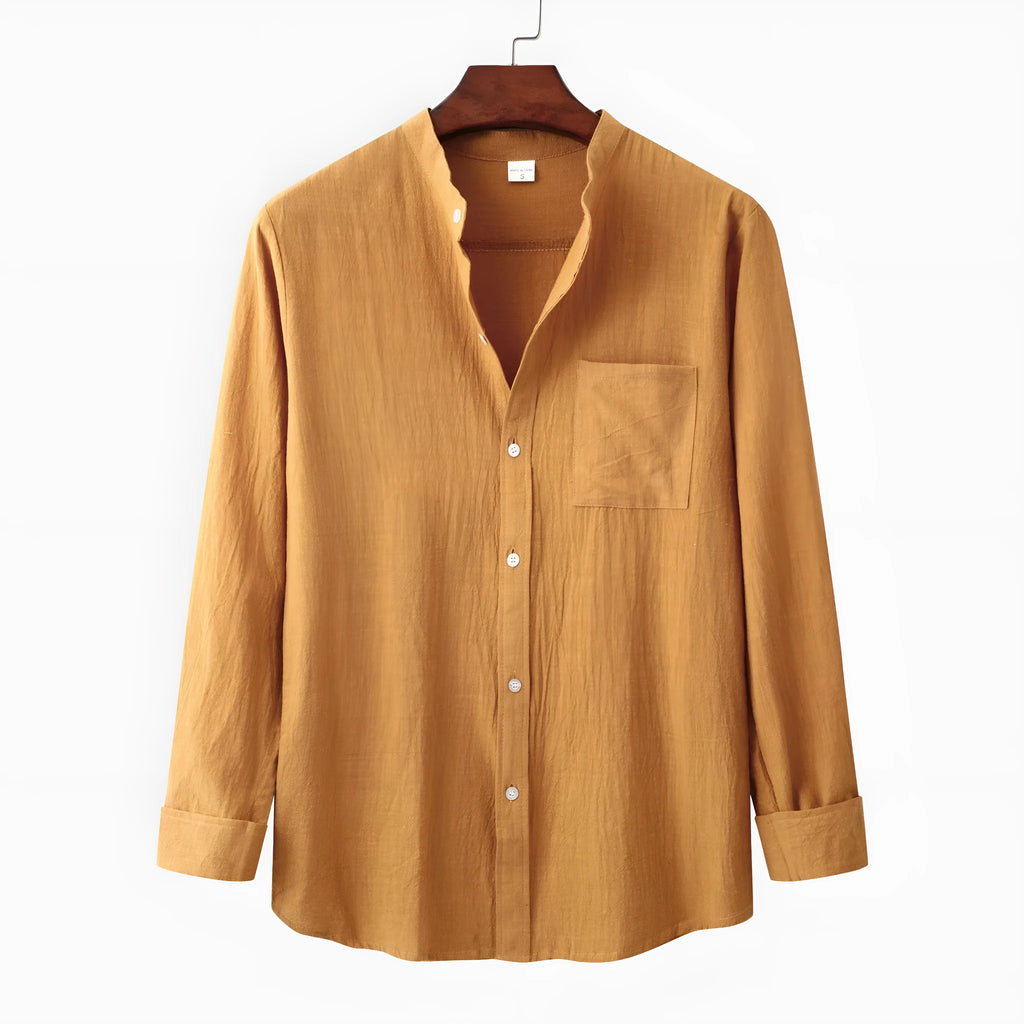 Brown men's slim fit long sleeve shirt and casual trousers set on a hanger.