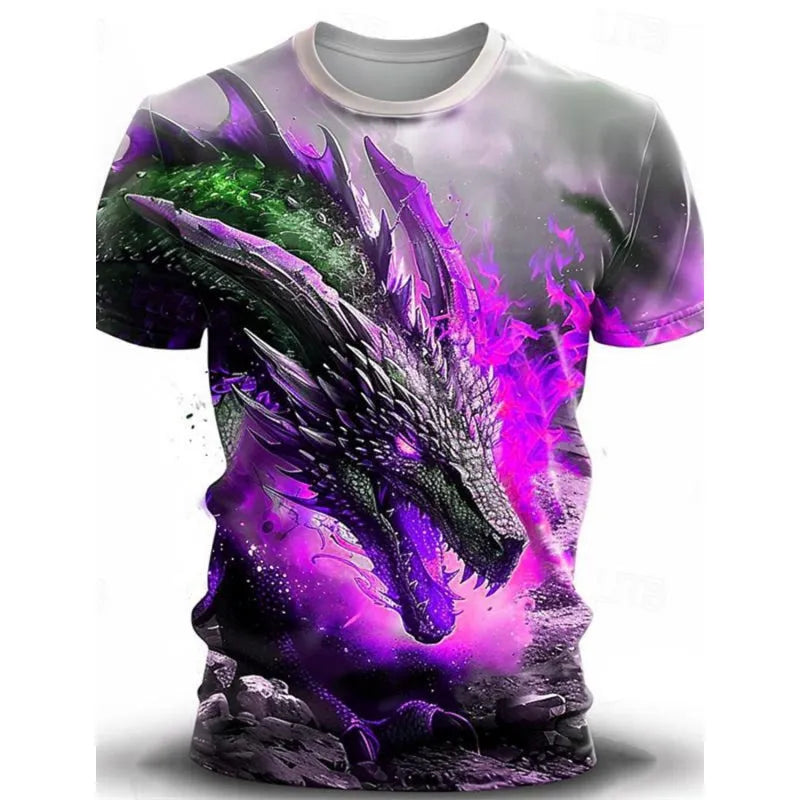 Men's grey casual T-shirt featuring a large 3D wind dragon print across the chest, with short sleeves.