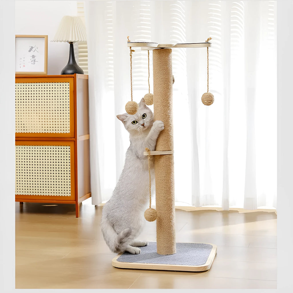 Windmill-style cat climbing frame with scratch-resistant hanging ball toy on carpet leather surface