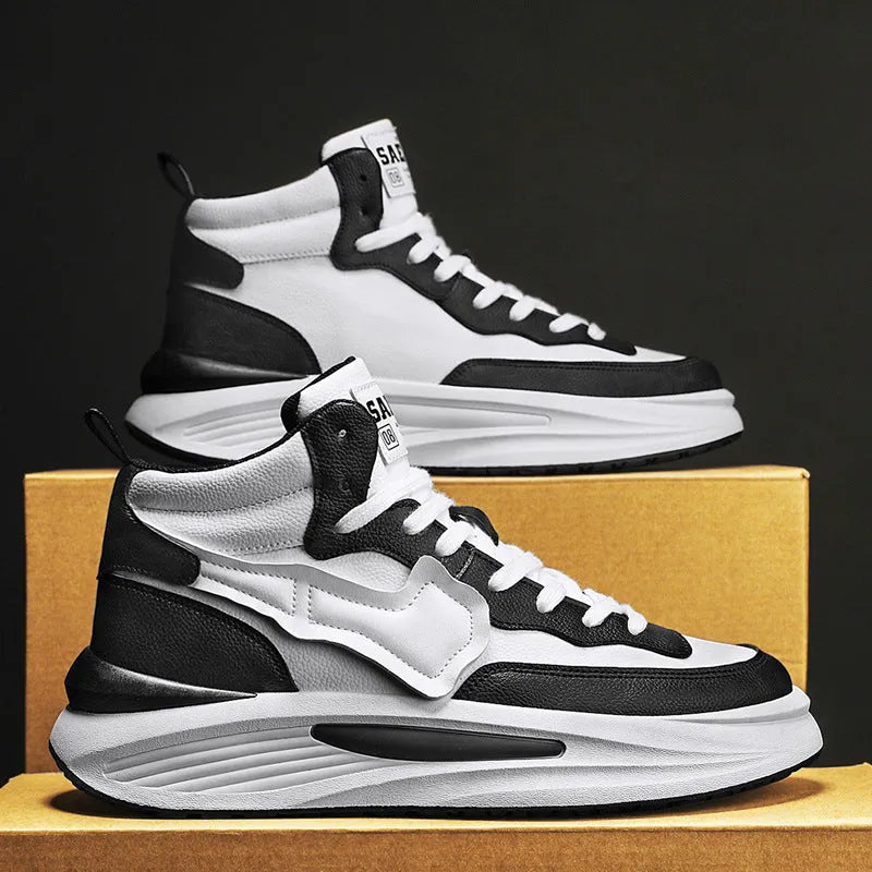 Men's black high-top platform shoes with round toe and PU upper material