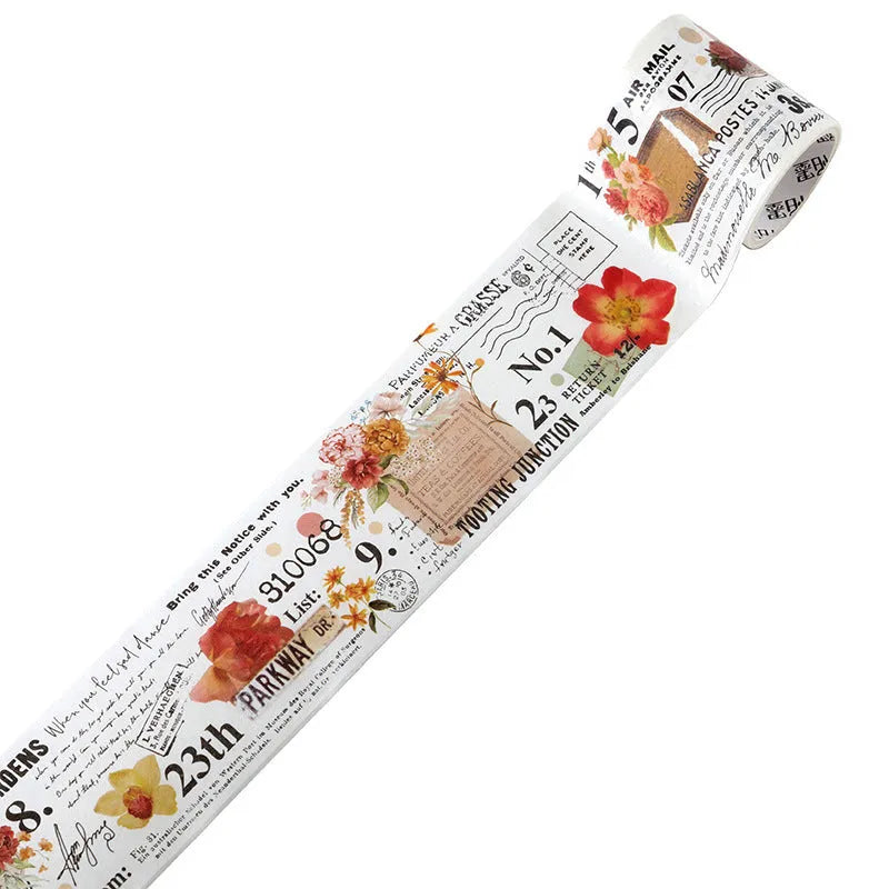 Roll of vintage floral watercolour decorative tape on a Japanese paper base, showing designs like Fog Mountain Forest.