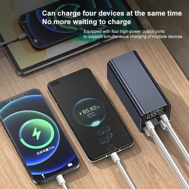 Black metal 65W laptop power bank with 20000mAh capacity showing USB ports