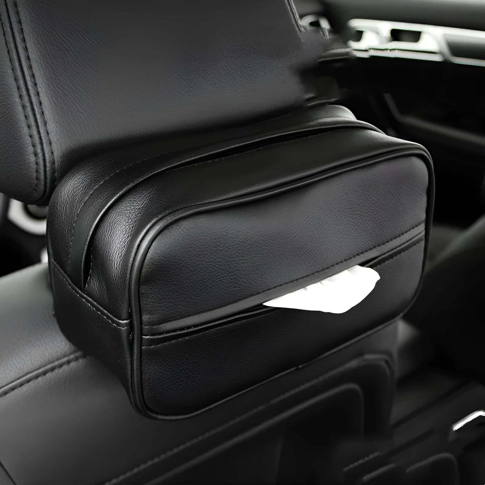 PU leather car hanging storage box bag in black colour showing dimensions and hanging strap