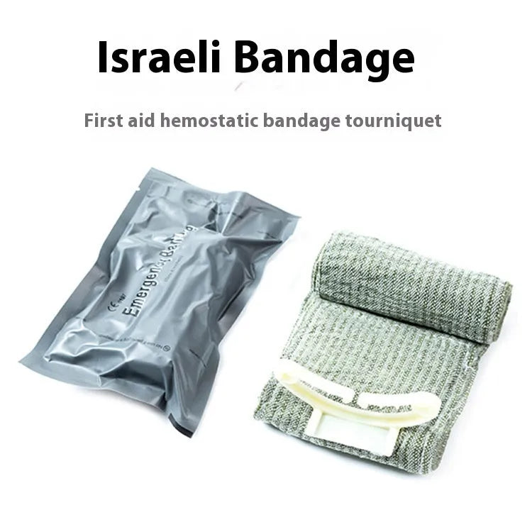 A sealed package containing a rolled tactical hemostatic gauze bandage, shown in 4-inch and 6-inch size options.