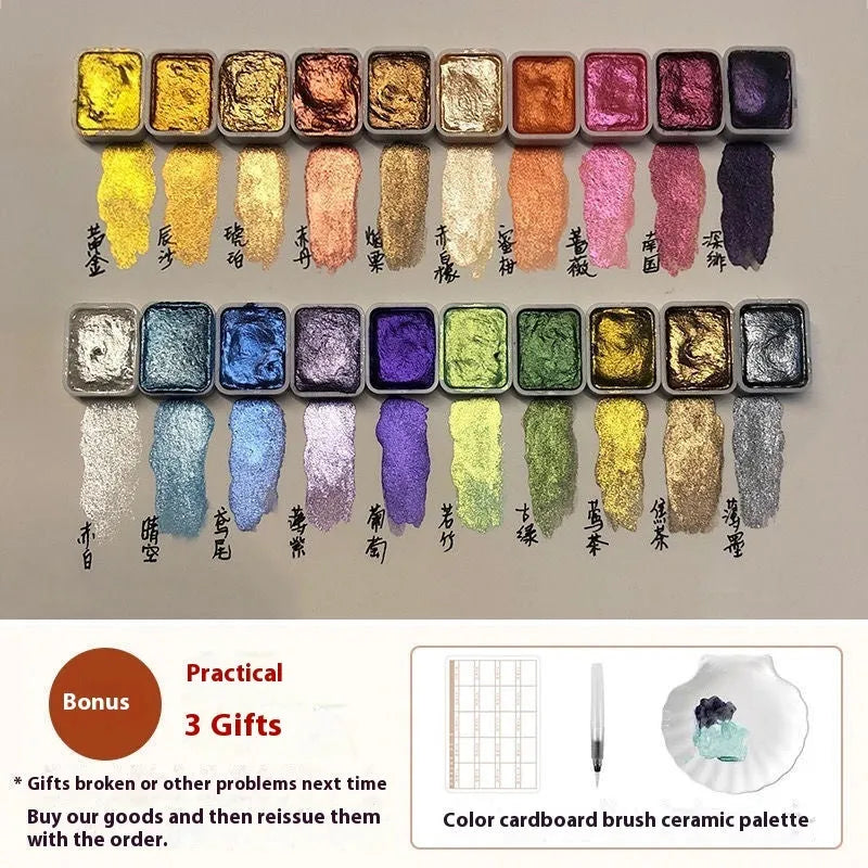 Set of Traditional Chinese painting mineral pearlescent watercolours showing tubes and containers for 20 colours, including gold shades.