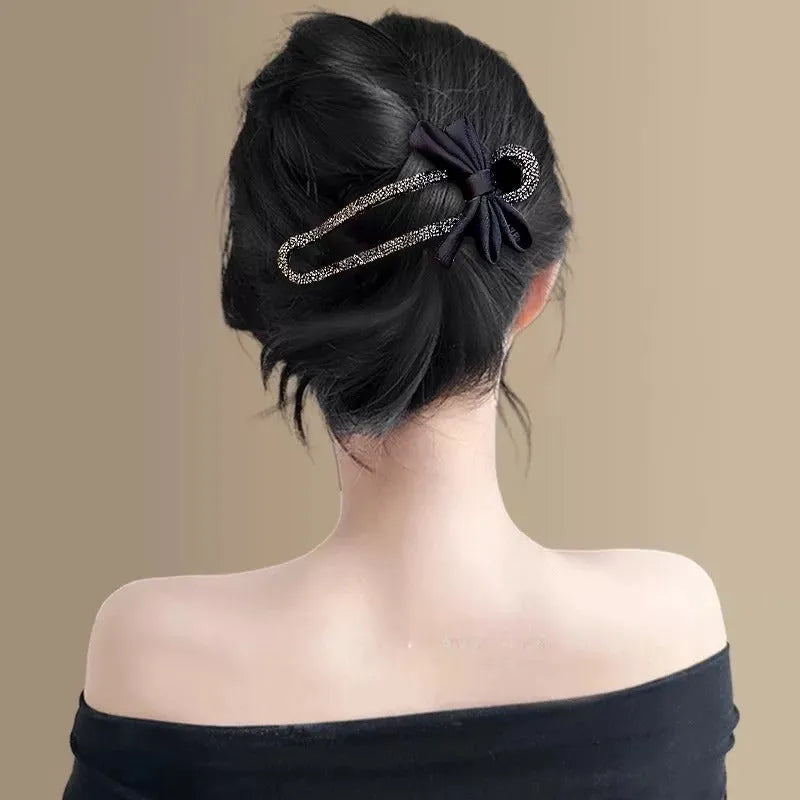 Black acrylic hair claw clip with crystal bow bobby pin back design 11.5cm total length for women