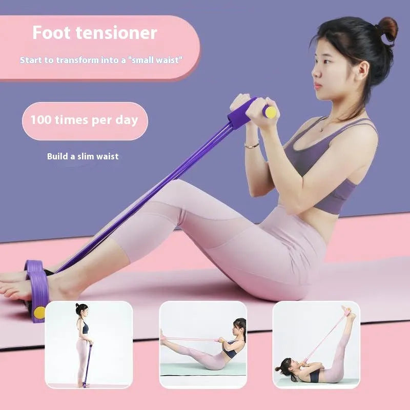 Yoga four-piece fitness set showing leg stretching device, yoga ring, pedal expander and figure eight tension rope