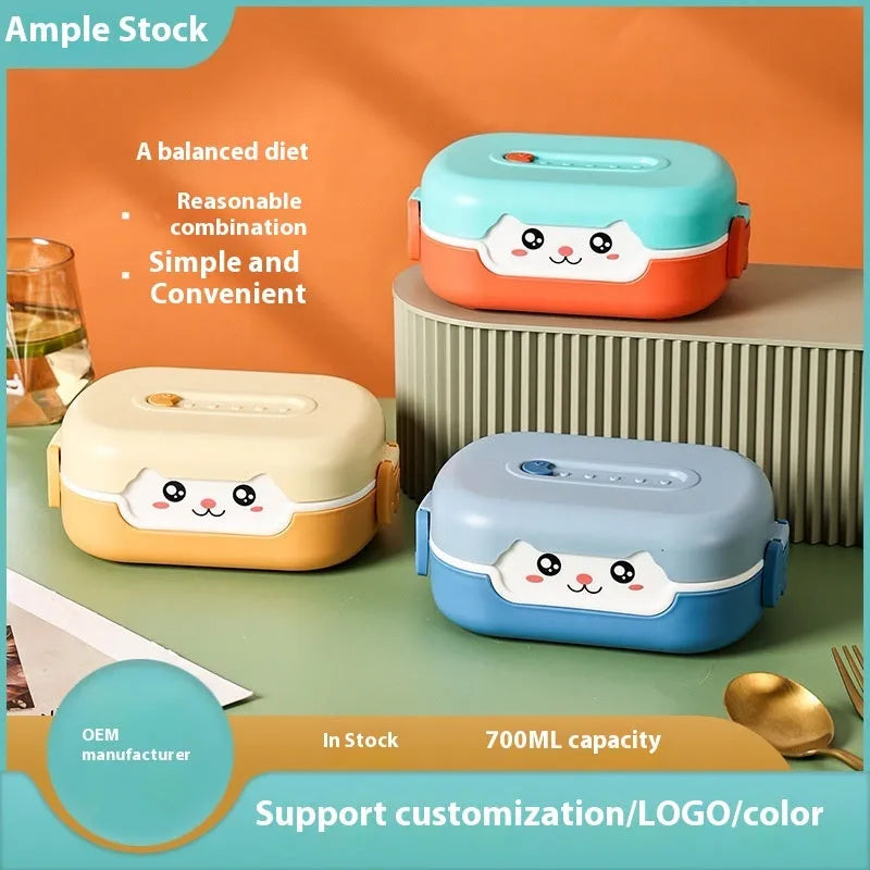 Square divided plastic lunch box in dark blue, orange yellow, and pink and green colours.