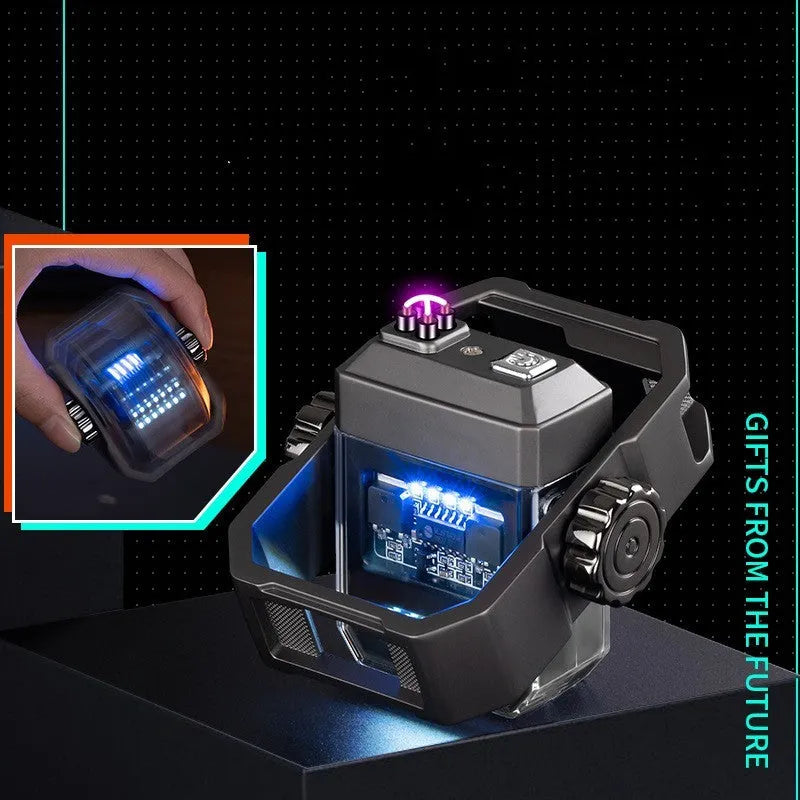 Blue double arc electric lighter with mechanical rotary gyroscope and Type-C charging port