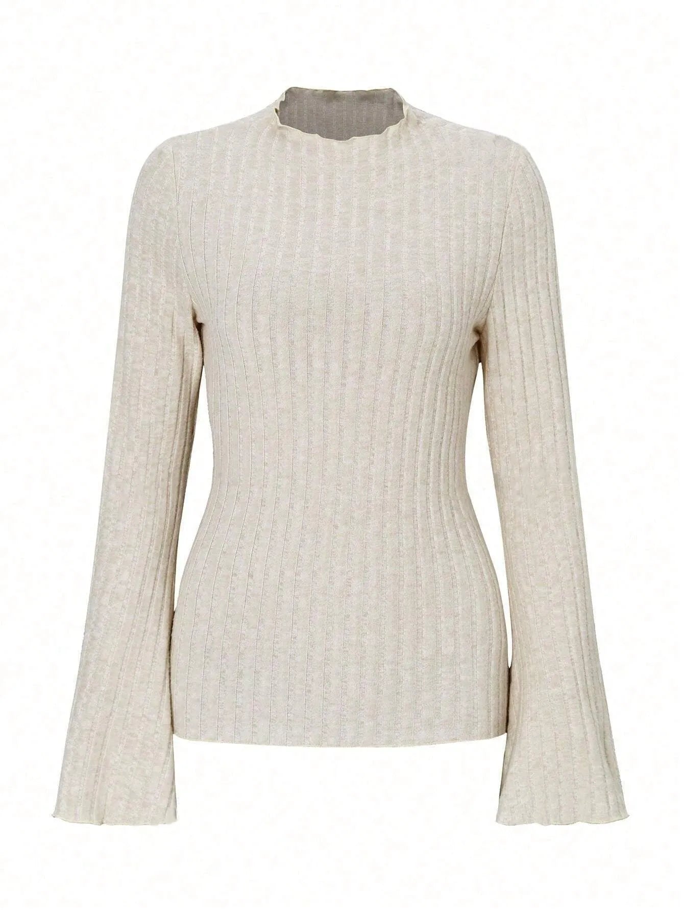 Black long sleeve round neck top with lantern sleeves and slim fit silhouette