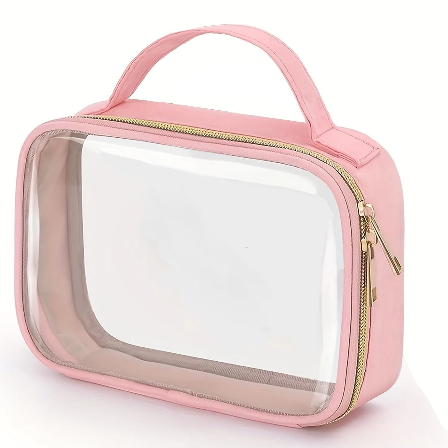 Transparent PVC wash bag showing cosmetics inside with chain handle