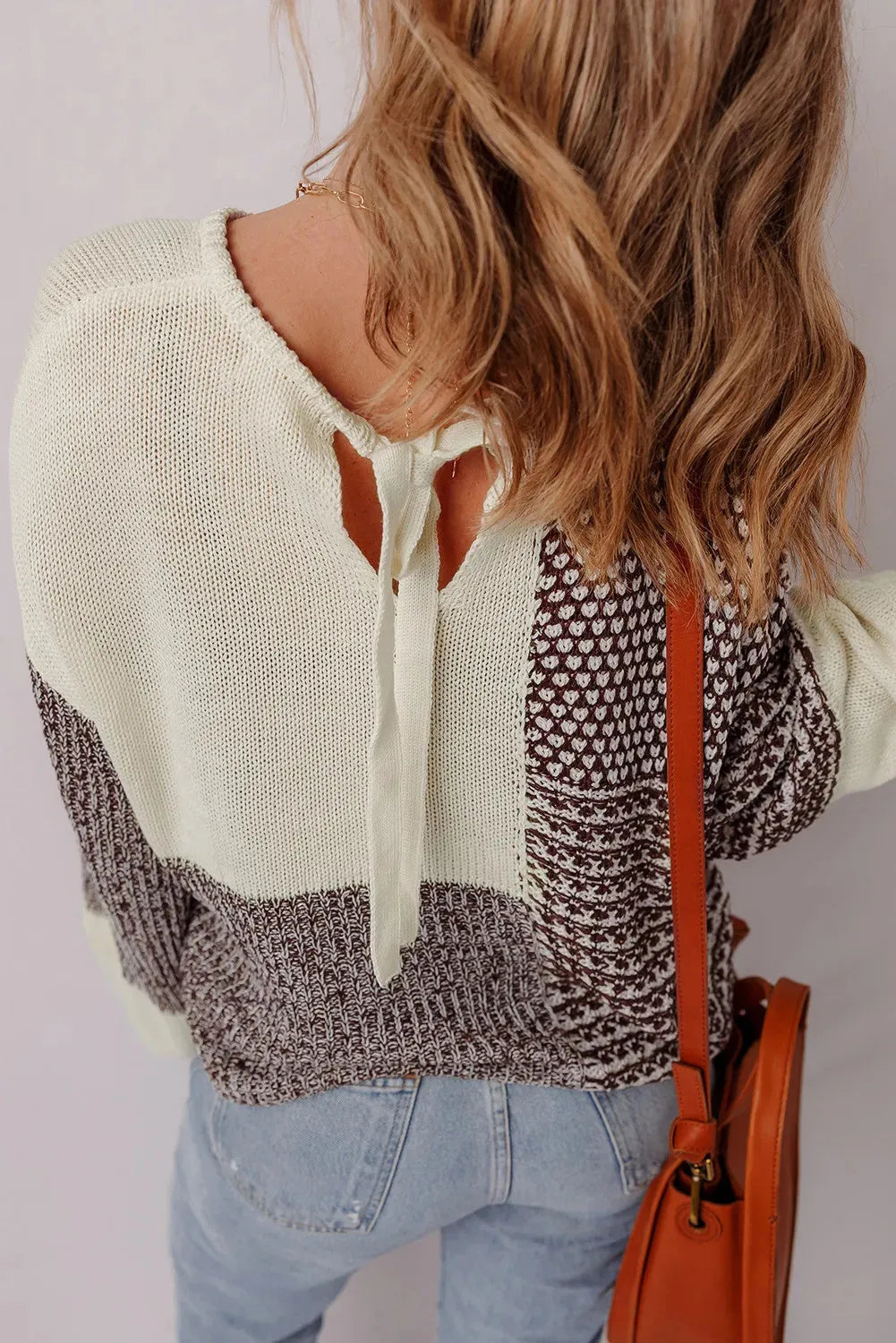 Dark khaki colour block loose sweater with drop shoulders and a back tie fastening.