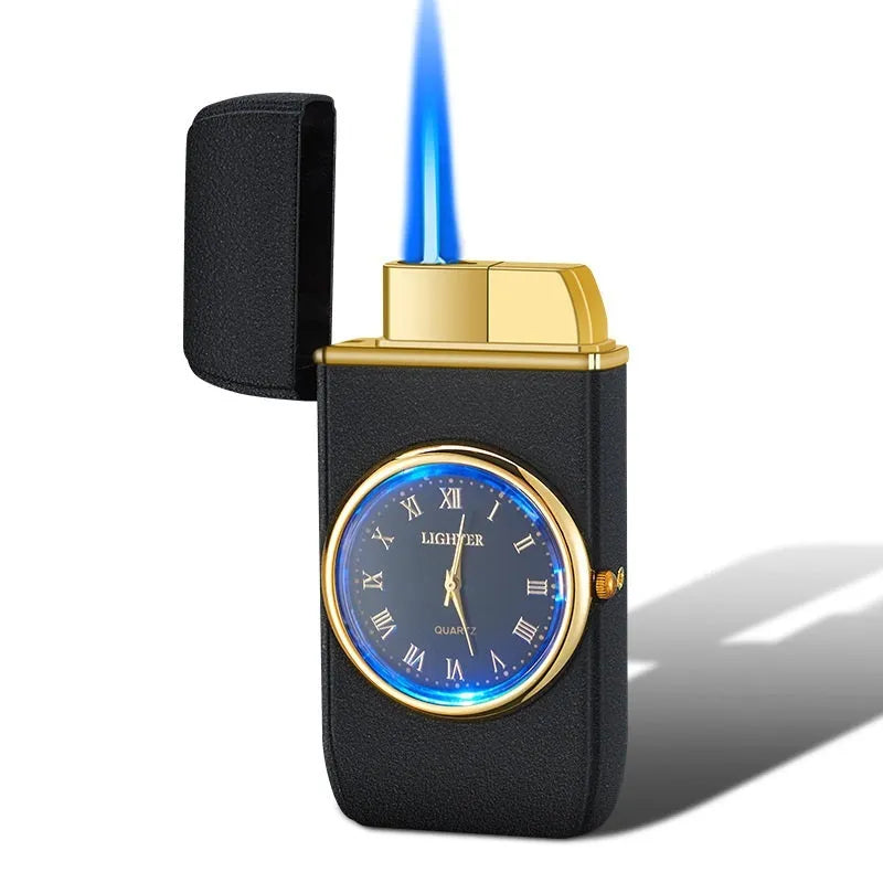 Men's multifunctional metal watch lighter with LED light shown in black brushed finish on wrist.