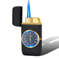 Men's multifunctional metal watch lighter with LED light shown in black brushed finish on wrist.