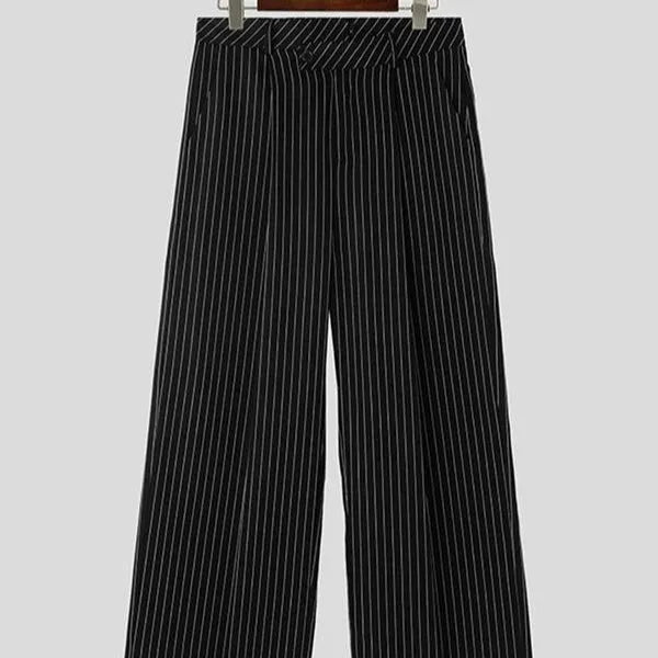 Black men's trousers with vertical stripes and pleats, made from an elastic rabbit hair and bamboo fibre blend.