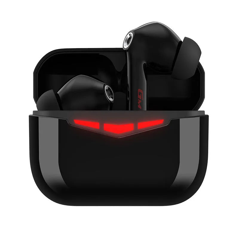 True wireless gaming Bluetooth headset earbuds in charging case with silicone ear tips.