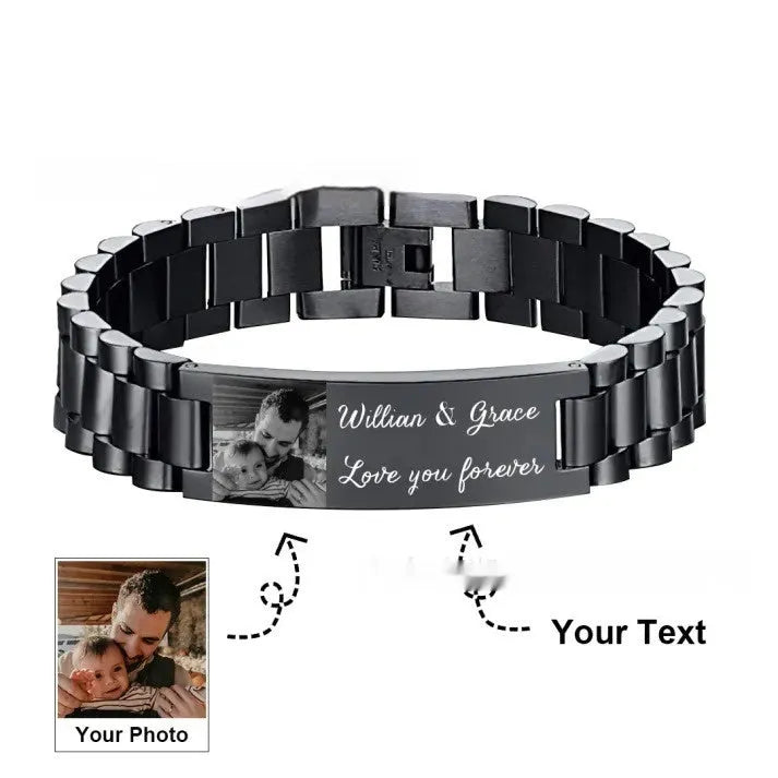 Men's unisex titanium steel bracelet with curved heart shape and black lettering