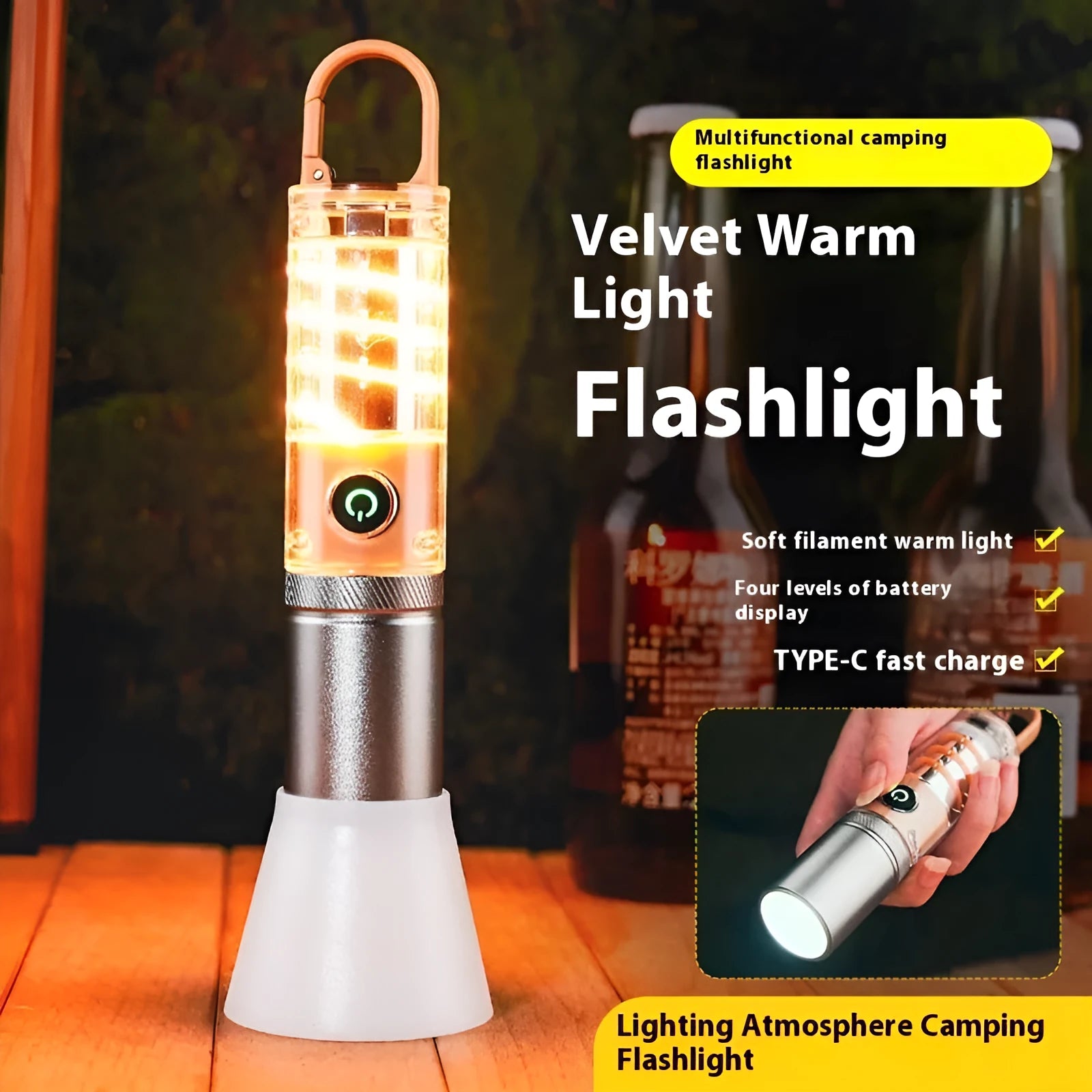 Orange and beige multifunctional flashlight with hook attachment and keychain