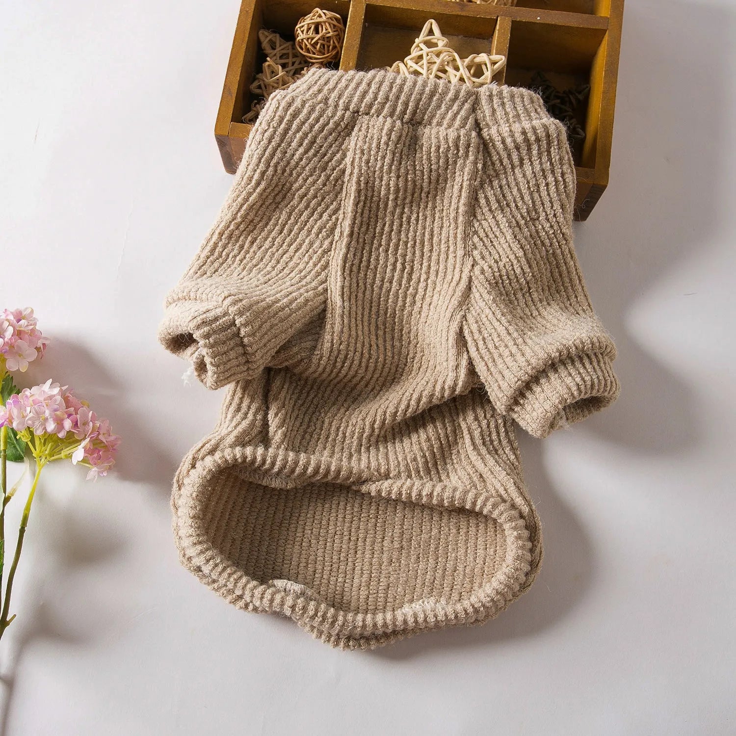 Brown knitted dog sweater pullover for small breed dogs on mannequin