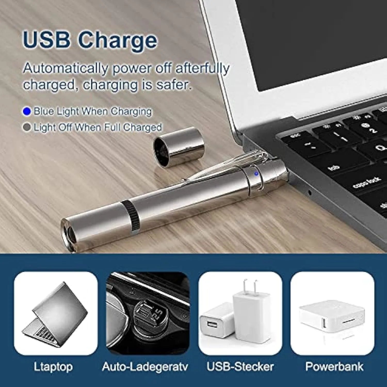 Silver aluminium USB rechargeable cat laser pointer toy with multiple light patterns.