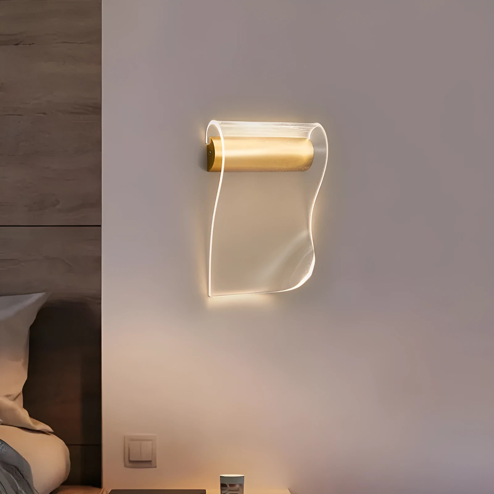 Iron wall lamp with acrylic shade shown in left bend and right bend configurations for bedside or living room.