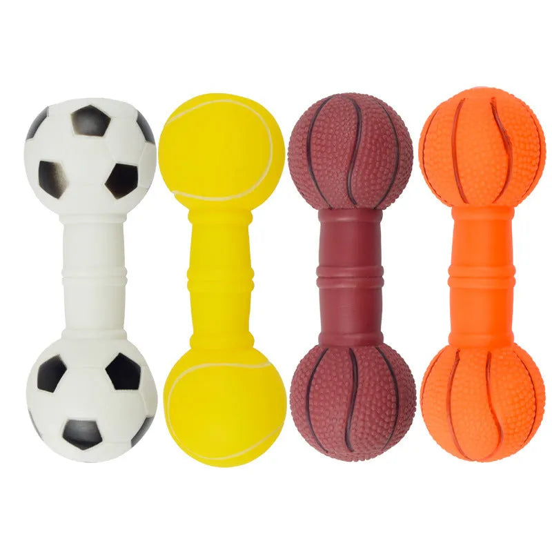Brown PVC dog chew toy shaped like a dumbbell with football ends on a white background.
