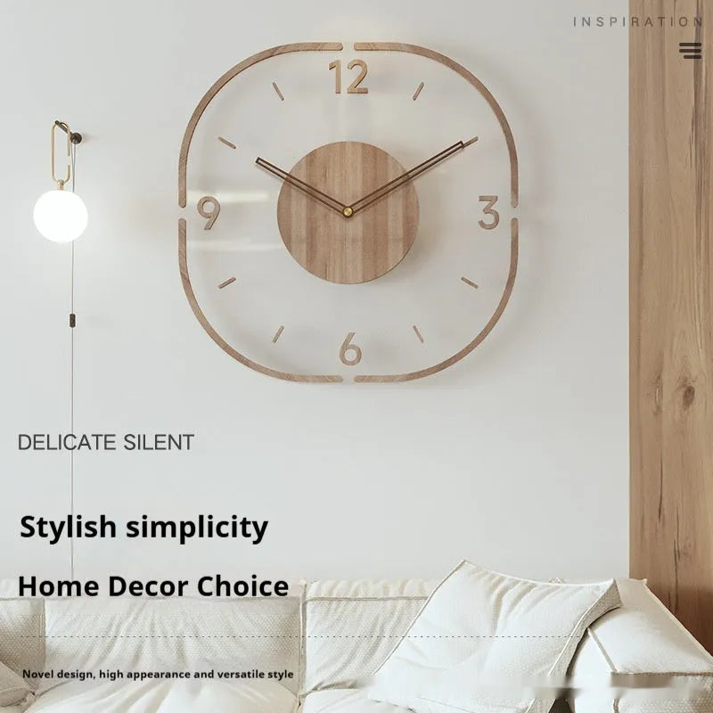 Square transparent wall clock with wooden frame modern design measuring 35cm