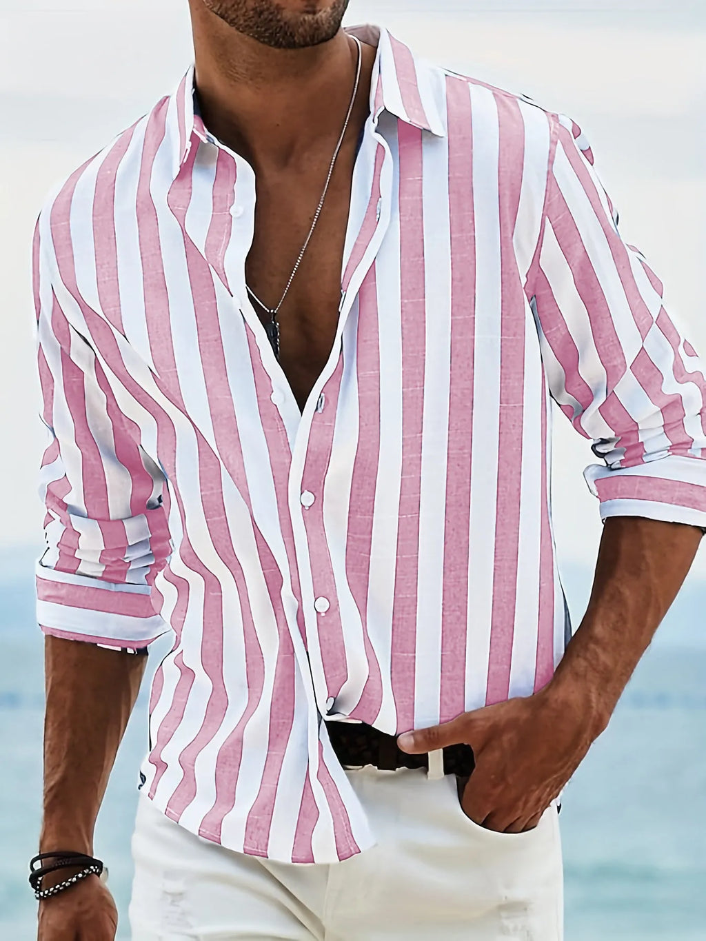 Men's yarn-dyed striped casual shirt with loose British style cardigan fit in polyester fabric