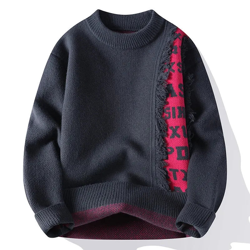 Men's loose grey knitted pullover with ribbed hemline, rabbit fur blend