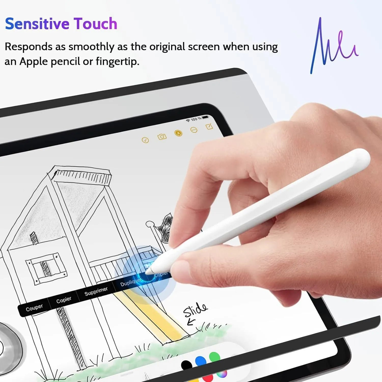 Magnetic suction anti-peeping film for iPad on a table next to an iPad and storage clip.