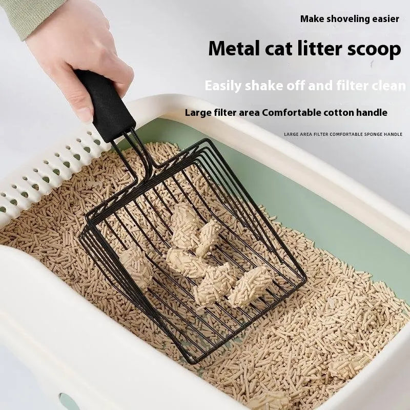 Black metal cat litter scoop with narrow tines for sifting clumping litter.